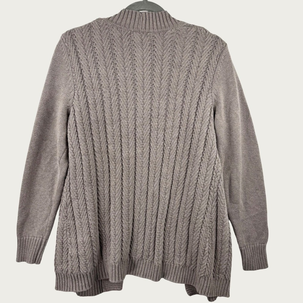 L.L.Bean Cardigan Women Medium Brown Cable Knit Open Front Cotton 500661 Coastal - Picture 2 of 11